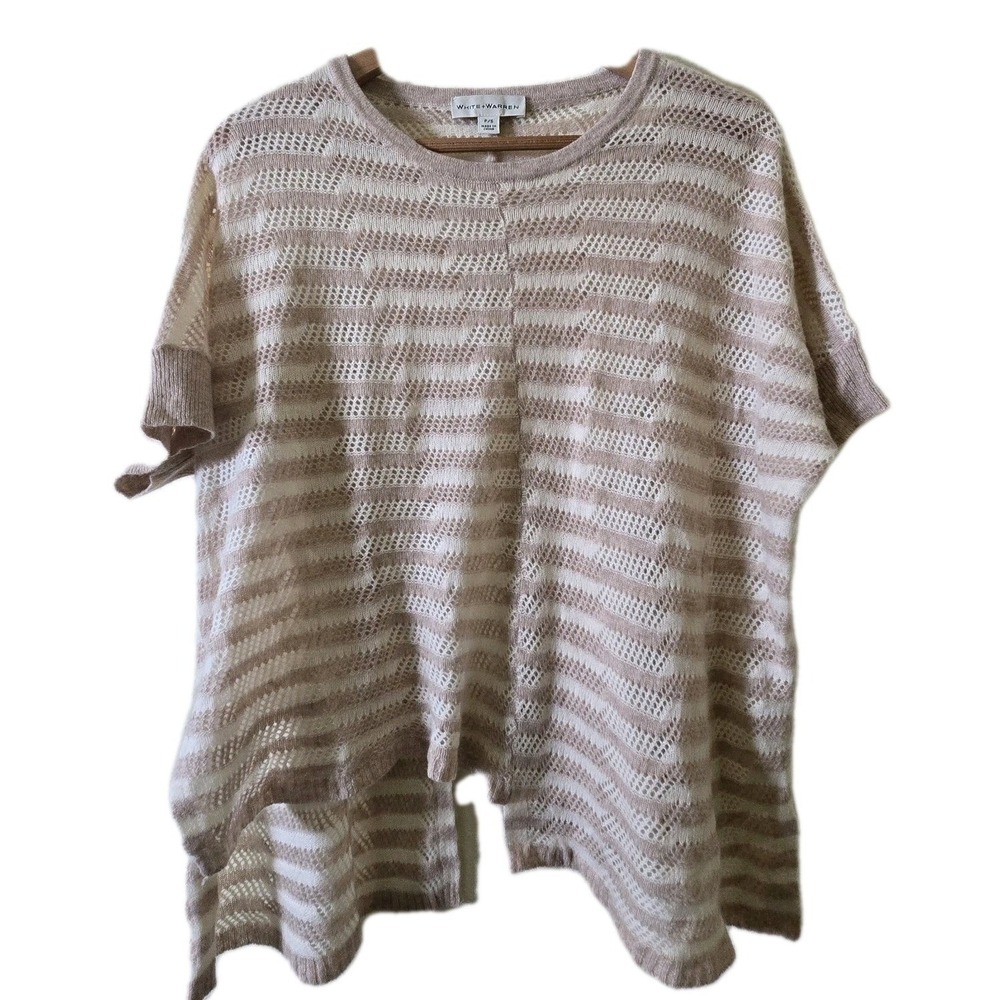 White + Warren Sweater Womens PS Cashmere Open Knit Striped Split Back Beige EUC